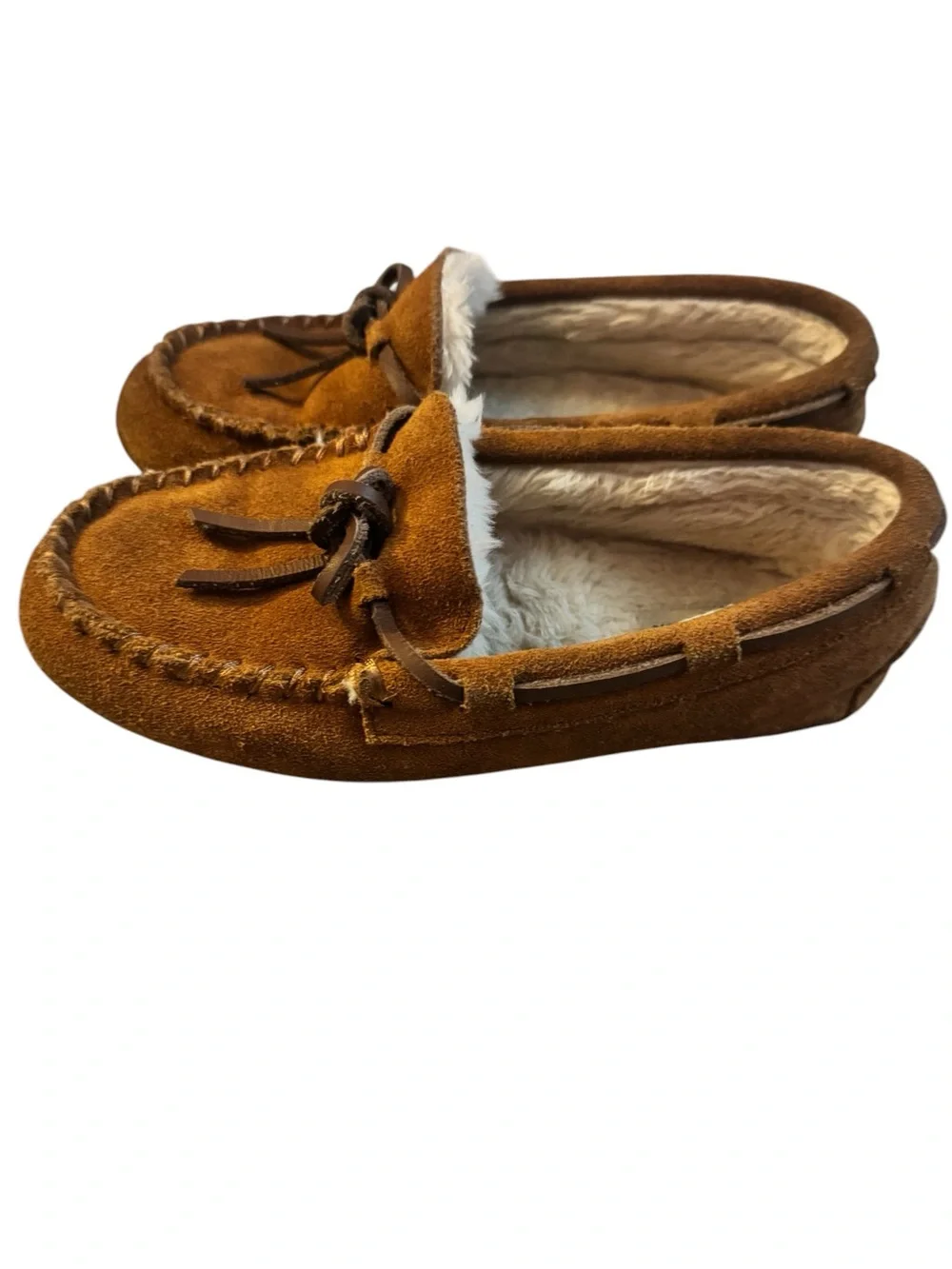 Crewcuts Kids Brown Suede Moccasin Slippers with Bow, Size 2, Fur Lined